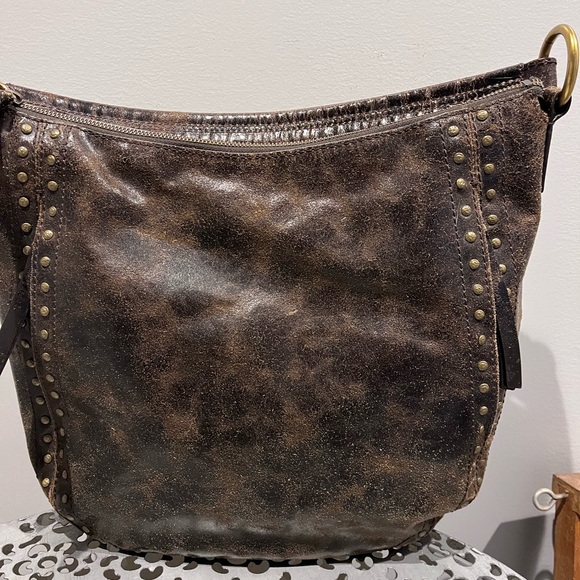 Frye Melissa Hobo Distressed Leather Studded Brown Shoulder Bag - Picture 3 of 9